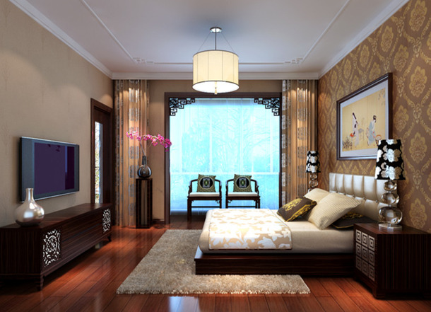 裝修效果圖－中式古色古香臥室裝修設(shè)計圖片.jpg