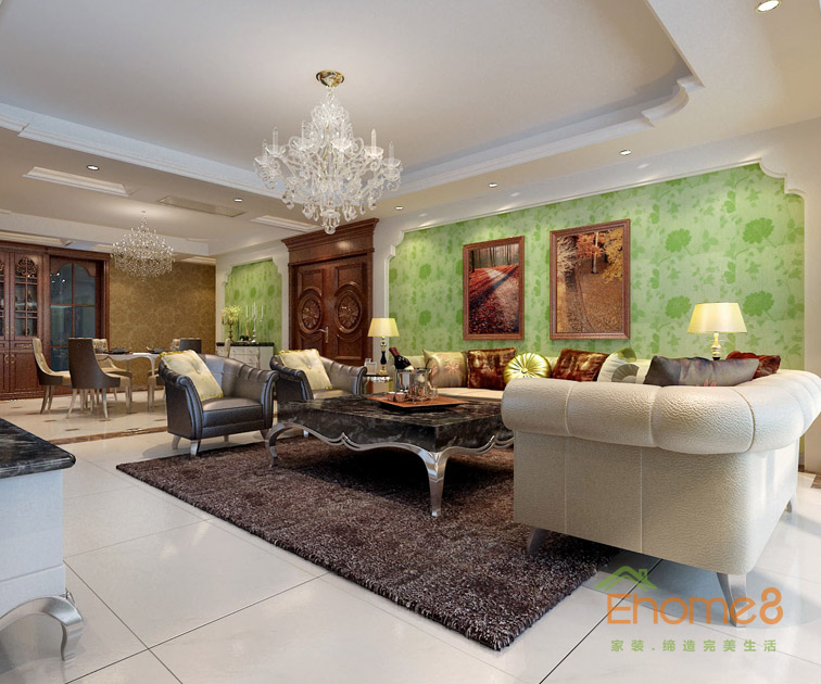 三房一廳112㎡歐洲復(fù)古風(fēng)格客廳吊燈背景墻裝修效果圖1