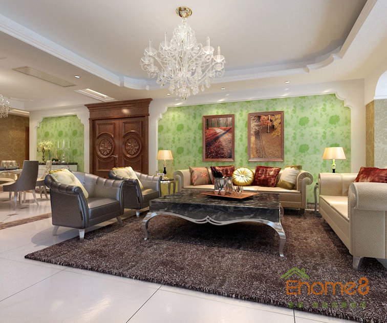 三房一廳112㎡歐洲復(fù)古風(fēng)格客廳吊燈背景墻裝修效果圖12