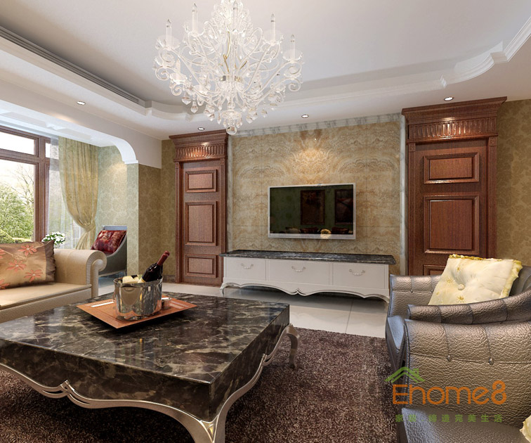 三房一廳112㎡歐洲復(fù)古風(fēng)格客廳吊燈電視墻裝修效果圖1