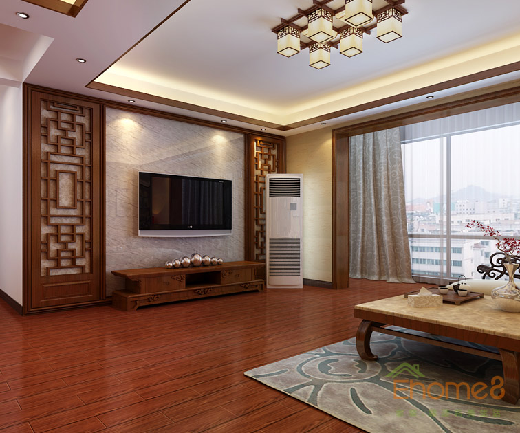 93㎡三房一廳中式風(fēng)格客廳電視墻裝修效果圖1