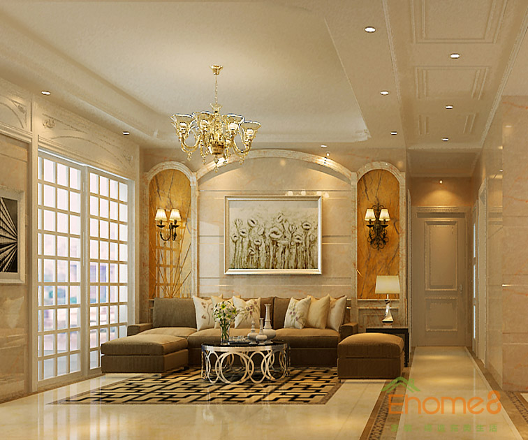 73㎡兩房一廳歐式風(fēng)格客廳沙發(fā)背景墻裝修效果圖1