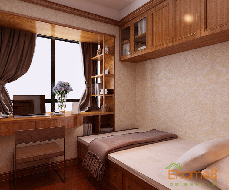97㎡三房一廳中式原木風格次臥裝修效果圖1