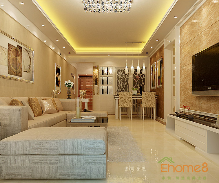 77㎡兩房一廳歐式風格客廳全景裝修效果圖33