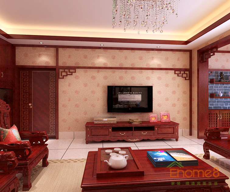66㎡兩房一廳中式原木風格客廳電視裝修效果圖.jpg