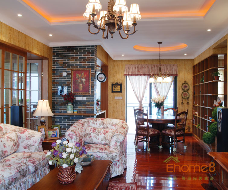 93㎡三房一廳田園風格餐廳客廳裝修效果圖