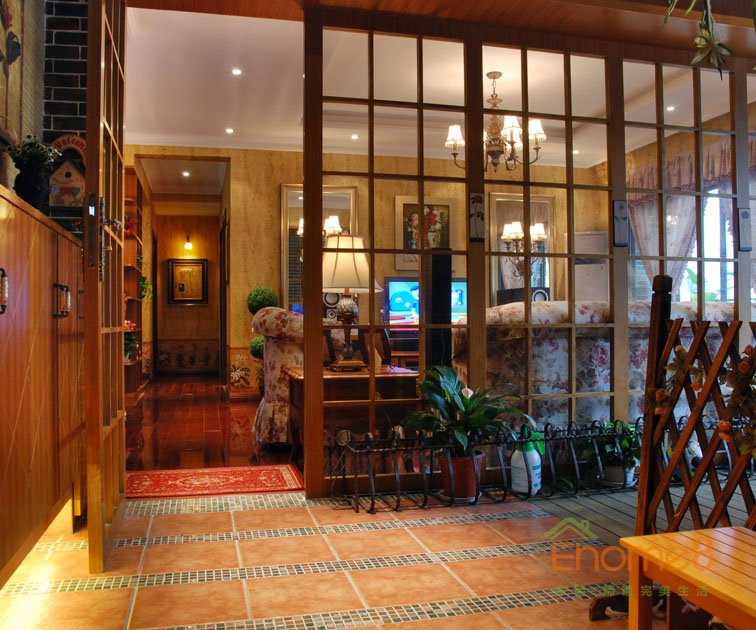 93㎡三房一廳田園風格入戶裝修效果圖