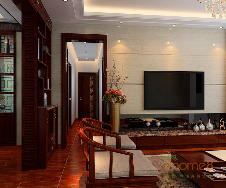 69㎡兩房一廳中式風格客廳過道裝修效果圖