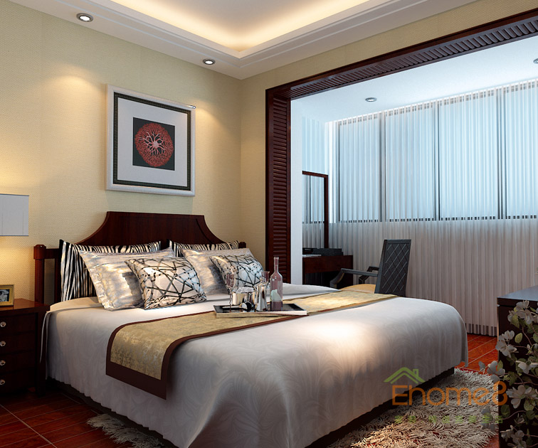 69㎡兩房一廳中式風格主臥裝修效果圖