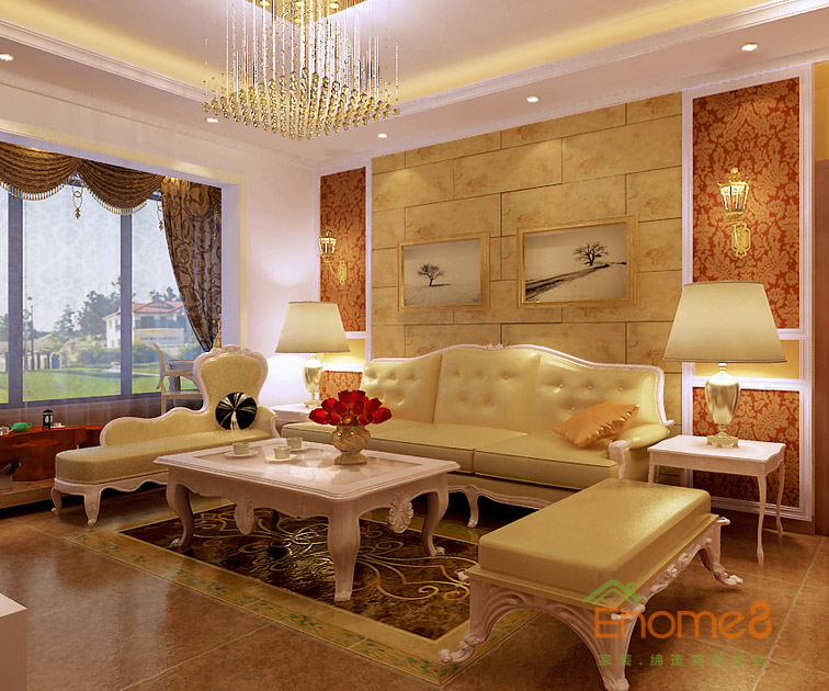 96㎡三房一廳法式風格客廳沙發(fā)背景墻裝修效果圖.