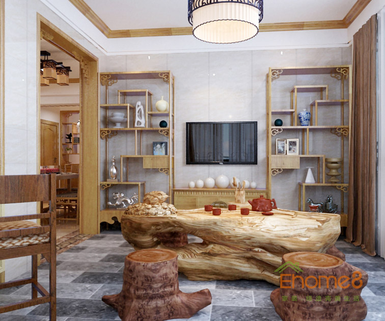 98㎡三房一廳中式原木風格茶座裝修效果圖
