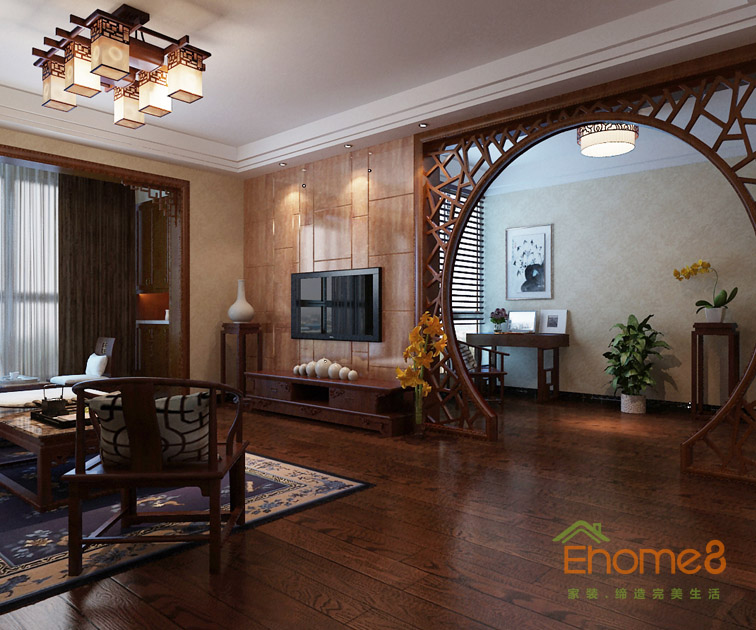 106㎡三房一廳中式風格客廳過道裝修效果圖