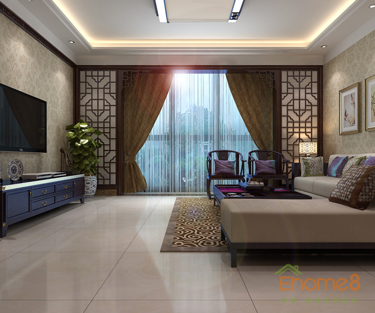 75㎡兩房一廳中式風(fēng)格客廳裝修效果圖