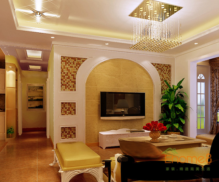 102㎡三房一廳法式風格客廳電視墻裝修效果圖