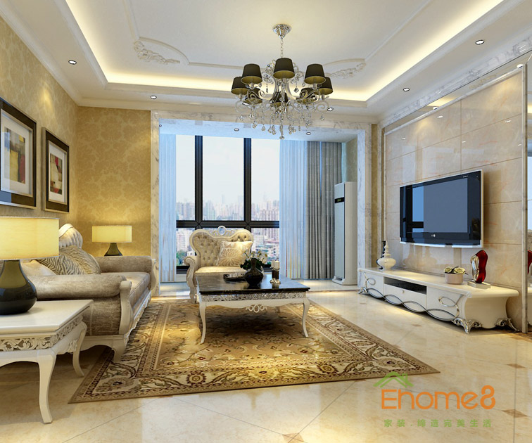 98㎡三房一廳歐式貴族風格客廳全景裝修效果圖