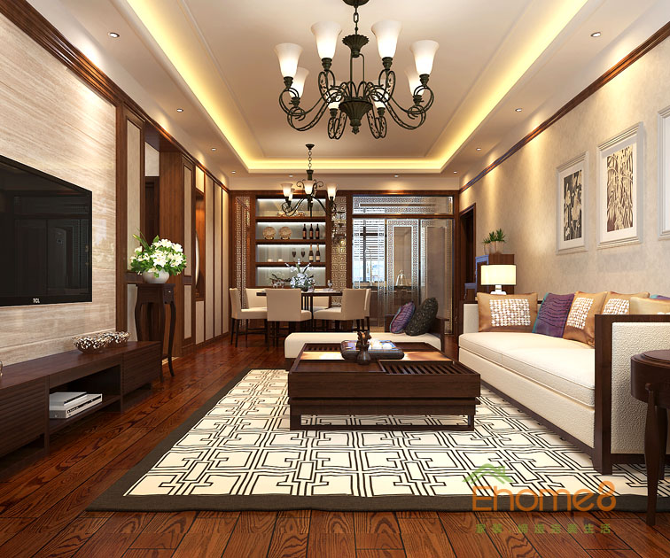 80㎡兩房一廳中西結(jié)合風(fēng)格客廳全景裝修效果圖