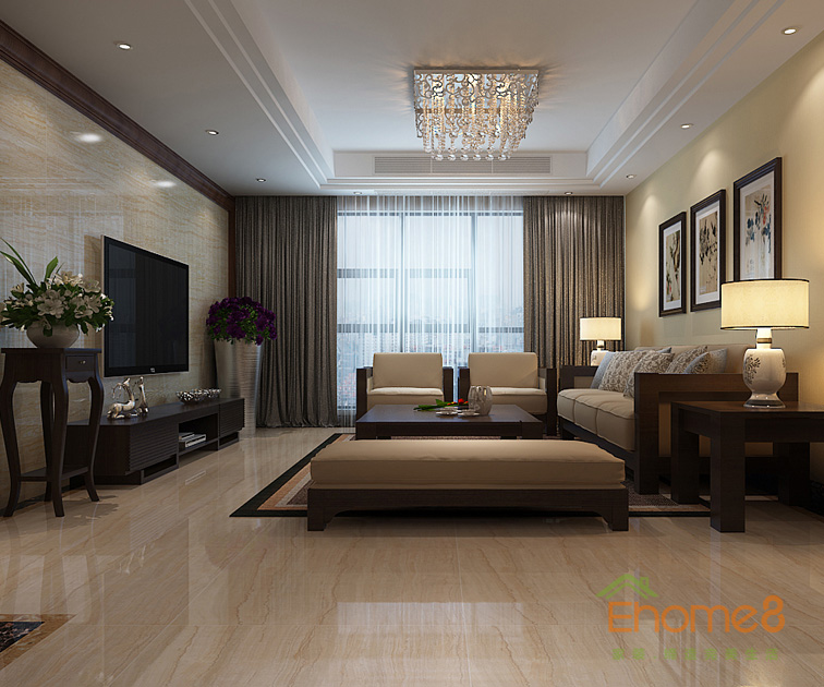 95㎡三房一廳美式風格客廳全景裝修效果圖