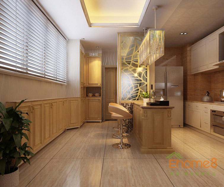 99㎡三房一廳現(xiàn)代中式風格廚房吧臺裝修效果圖