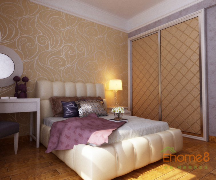 99㎡三房一廳現(xiàn)代中式風格次臥裝修效果圖