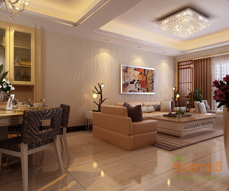 99㎡三房一廳現(xiàn)代中式風格客廳背景墻裝修效果圖