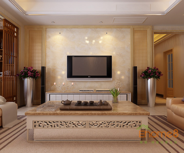 99㎡三房一廳現(xiàn)代中式風格客廳電視墻裝修效果圖
