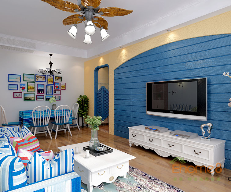 73㎡兩房一廳地中海風格客廳吊燈電視墻裝修效果圖