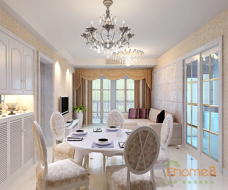 71㎡兩房一廳歐式風(fēng)格客廳餐桌裝修效果圖